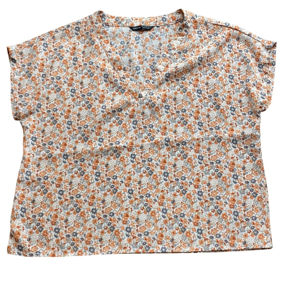 SHEIN Womens Floral V-Neck Short Sleeve Blouse‎ Orange Grey Tan Size Large, Crop